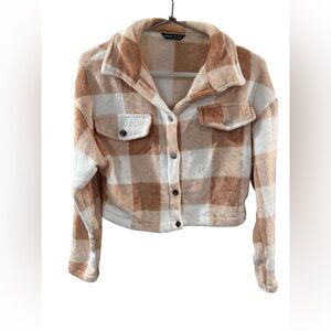 SHEIN Beige and White Plaid Teddy Shacket